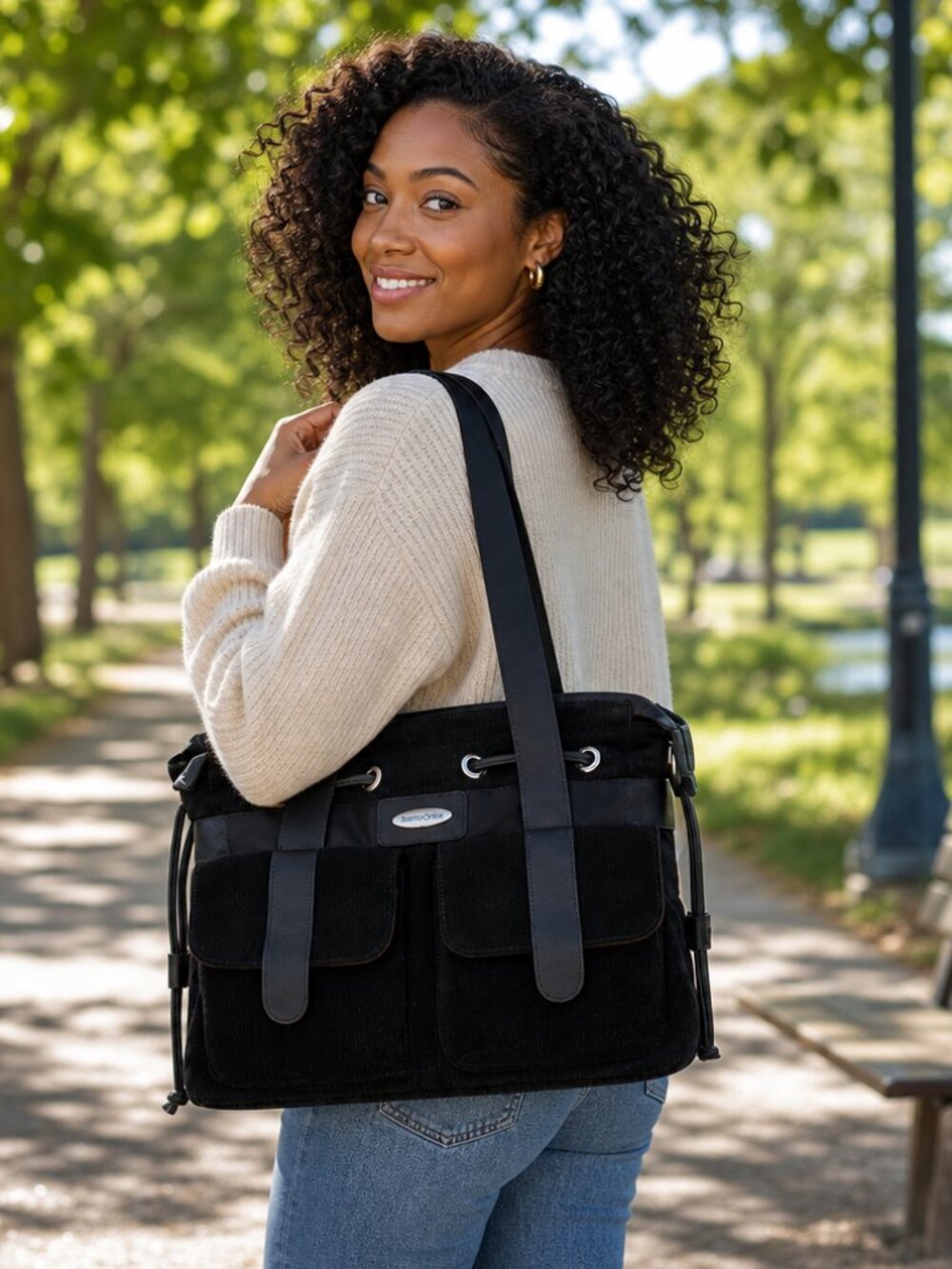 Samsonite Black Corduroy Drawstring Tote with Matching Pouch